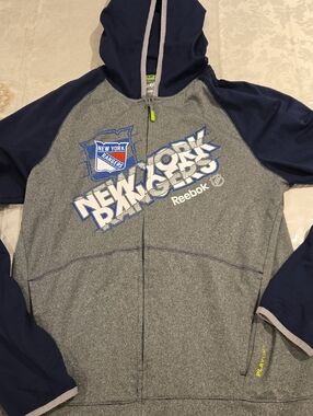 Reebok Gray and Navy New York Rangers Zip Up Hoodie Size Small